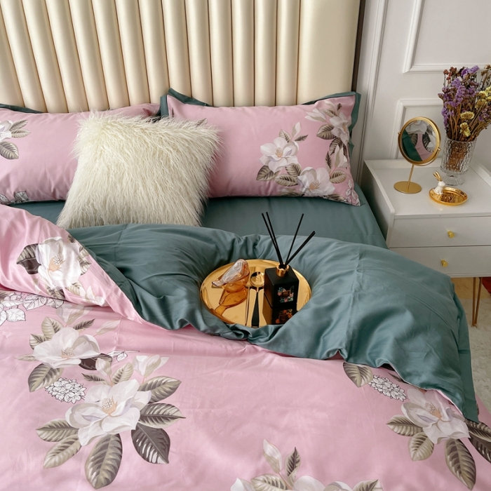 91家纺网 家纺一手货源 找家纺 蘭菲2023新款60支贡缎长绒棉印花美式花卉四件套铃兰花梦粉