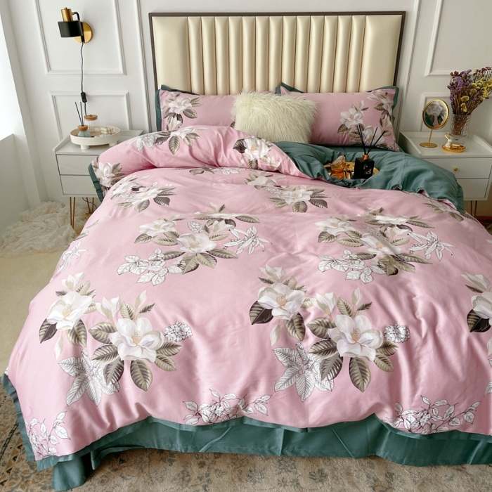 91家纺网 家纺一手货源 找家纺 蘭菲2023新款60支贡缎长绒棉印花美式花卉四件套铃兰花梦粉