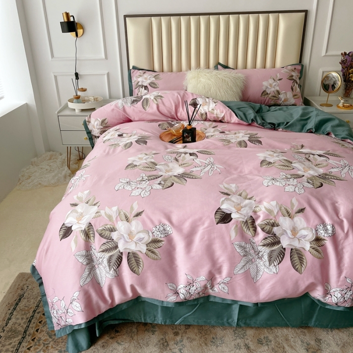 91家纺网 家纺一手货源 找家纺 蘭菲2023新款60支贡缎长绒棉印花美式花卉四件套铃兰花梦粉