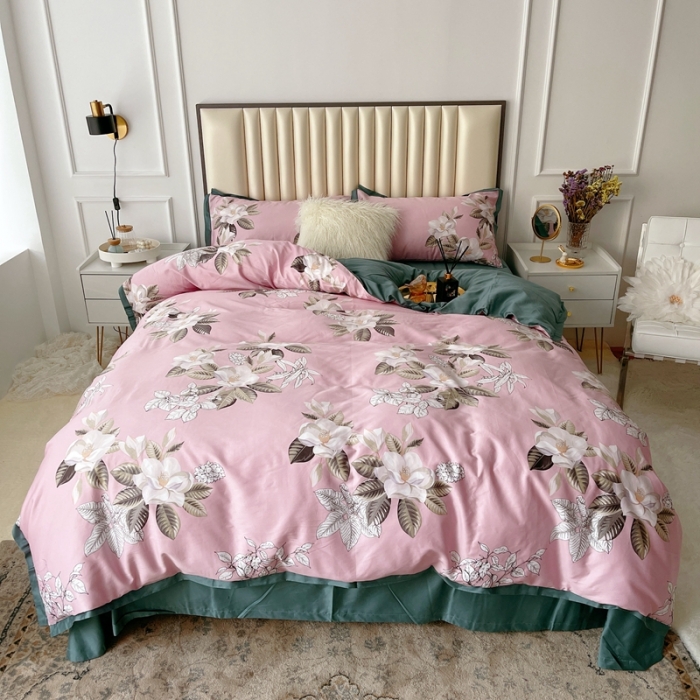 91家纺网 家纺一手货源 找家纺 蘭菲2023新款60支贡缎长绒棉印花美式花卉四件套铃兰花梦粉