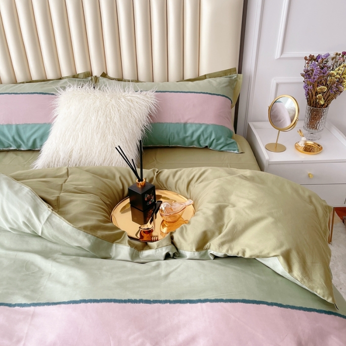 91家纺网 家纺一手货源 找家纺 蘭菲2023新款60支贡缎长绒棉印花美式花卉四件套流行风标绿