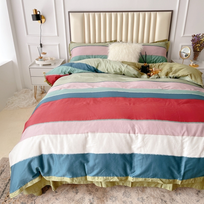 91家纺网 家纺一手货源 找家纺 蘭菲2023新款60支贡缎长绒棉印花美式花卉四件套流行风标绿