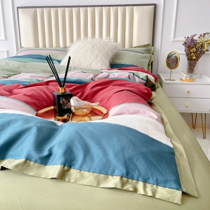 91家纺网 家纺一手货源 找家纺 蘭菲2023新款60支贡缎长绒棉印花美式花卉四件套流行风标绿