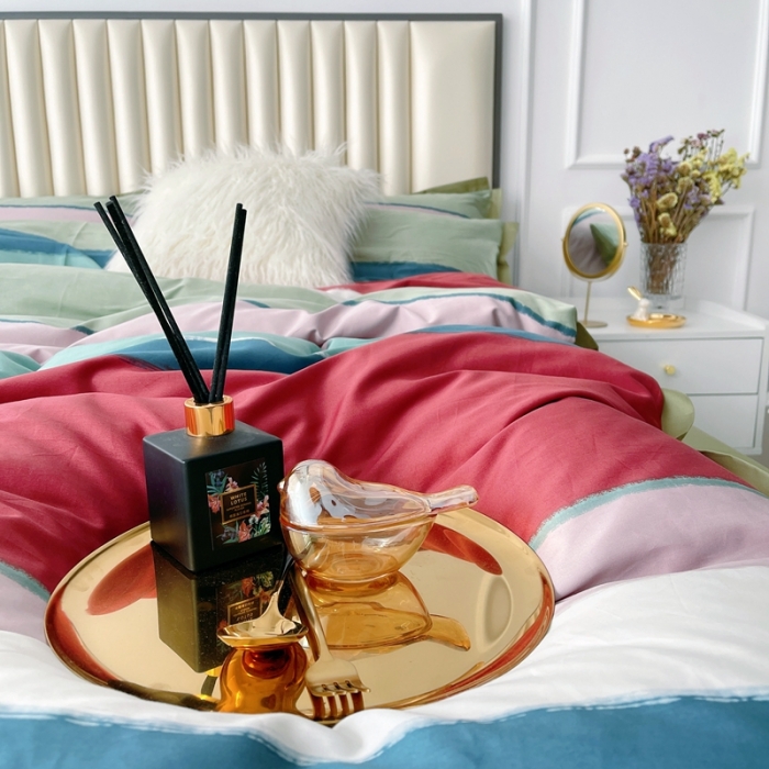 91家纺网 家纺一手货源 找家纺 蘭菲2023新款60支贡缎长绒棉印花美式花卉四件套流行风标绿