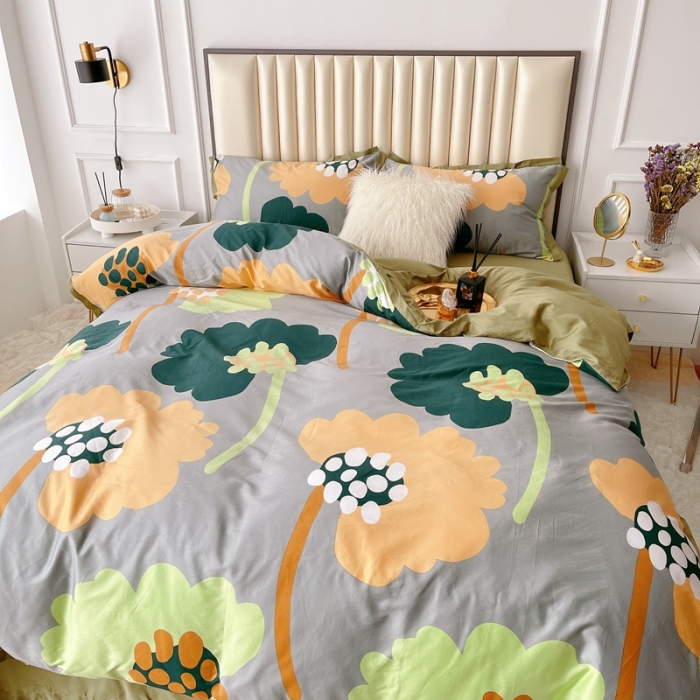 91家纺网 家纺一手货源 找家纺 蘭菲2023新款60支贡缎长绒棉印花美式花卉四件套梦里花香绿