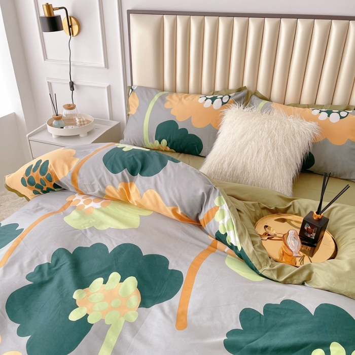 91家纺网 家纺一手货源 找家纺 蘭菲2023新款60支贡缎长绒棉印花美式花卉四件套梦里花香绿