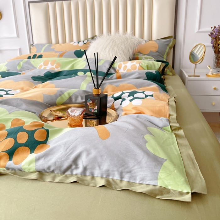 91家纺网 家纺一手货源 找家纺 蘭菲2023新款60支贡缎长绒棉印花美式花卉四件套梦里花香绿