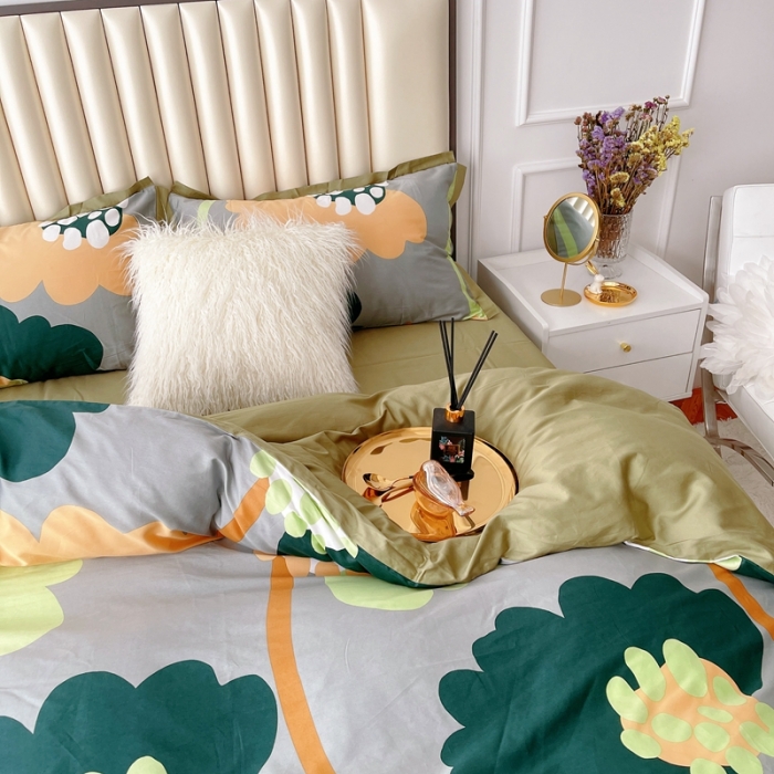 91家纺网 家纺一手货源 找家纺 蘭菲2023新款60支贡缎长绒棉印花美式花卉四件套梦里花香绿