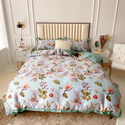 91家纺网 家纺一手货源 找家纺 蘭菲2023新款60支贡缎长绒棉印花美式花卉四件套生如夏花蓝