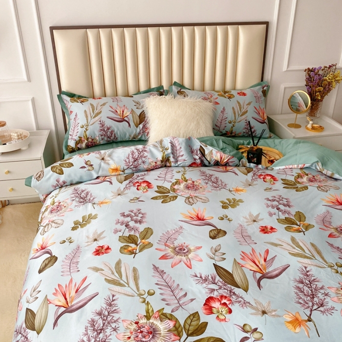 91家纺网 家纺一手货源 找家纺 蘭菲2023新款60支贡缎长绒棉印花美式花卉四件套生如夏花蓝