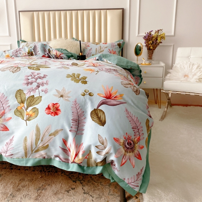 91家纺网 家纺一手货源 找家纺 蘭菲2023新款60支贡缎长绒棉印花美式花卉四件套生如夏花蓝