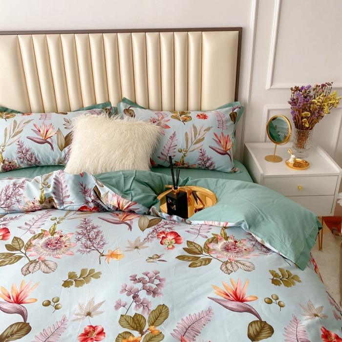 91家纺网 家纺一手货源 找家纺 蘭菲2023新款60支贡缎长绒棉印花美式花卉四件套生如夏花蓝