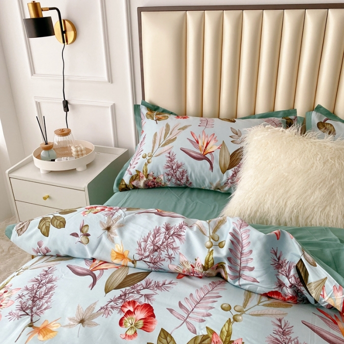 91家纺网 家纺一手货源 找家纺 蘭菲2023新款60支贡缎长绒棉印花美式花卉四件套生如夏花蓝