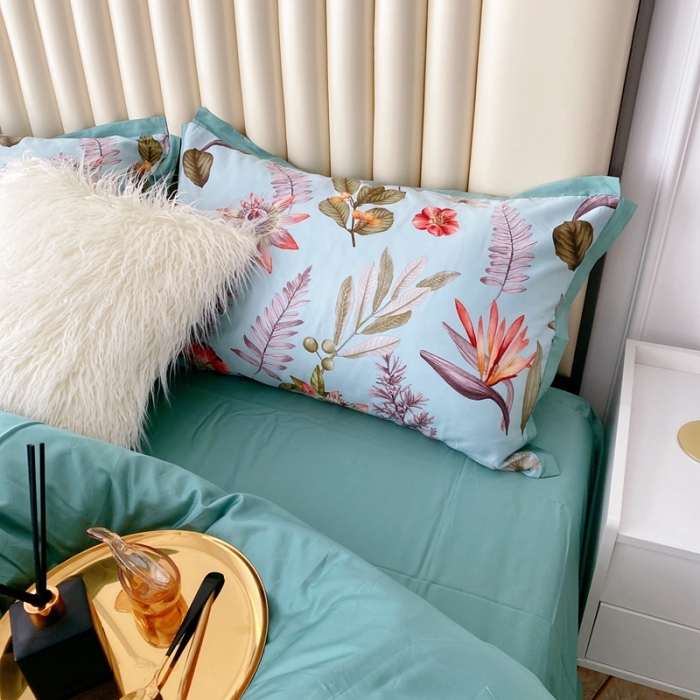 91家纺网 家纺一手货源 找家纺 蘭菲2023新款60支贡缎长绒棉印花美式花卉四件套生如夏花蓝