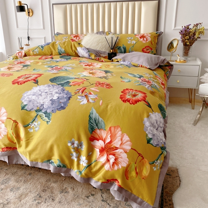 91家纺网 家纺一手货源 找家纺 蘭菲2023新款60支贡缎长绒棉印花美式花卉四件套盛世浓情换