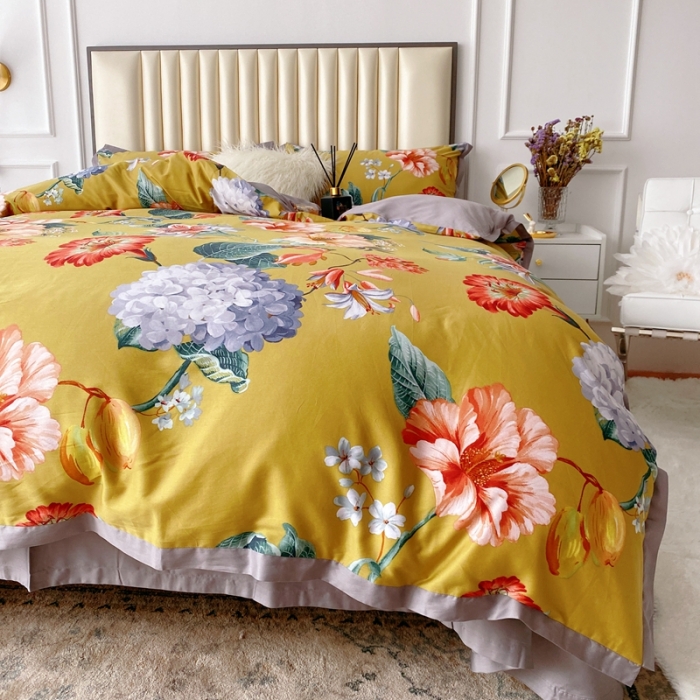 91家纺网 家纺一手货源 找家纺 蘭菲2023新款60支贡缎长绒棉印花美式花卉四件套盛世浓情换