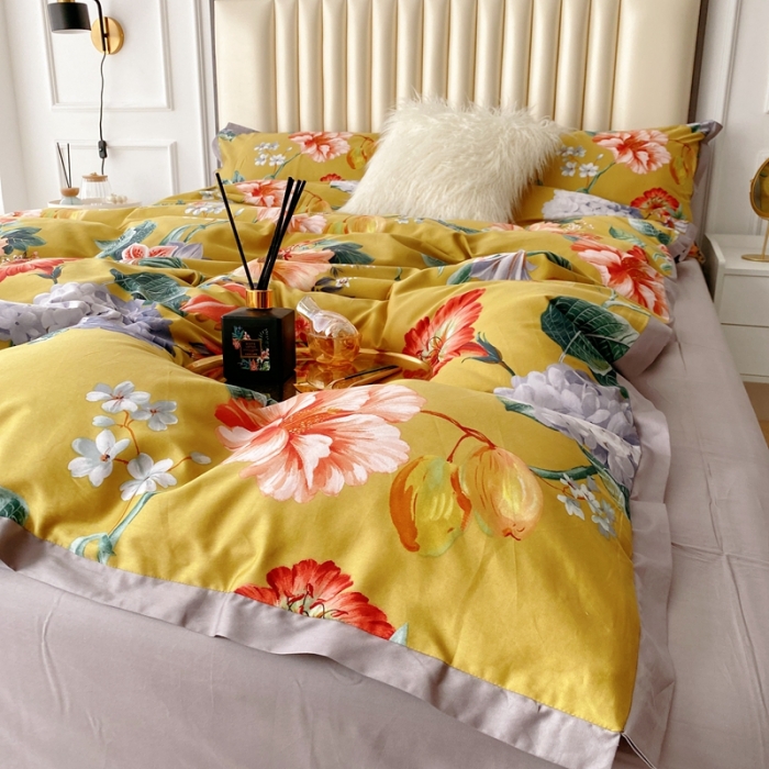 91家纺网 家纺一手货源 找家纺 蘭菲2023新款60支贡缎长绒棉印花美式花卉四件套盛世浓情换