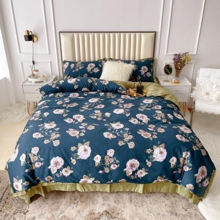 91家纺网 家纺一手货源 找家纺 蘭菲 新款60支贡缎长绒棉印花美式花卉四件套水韵江南深蓝