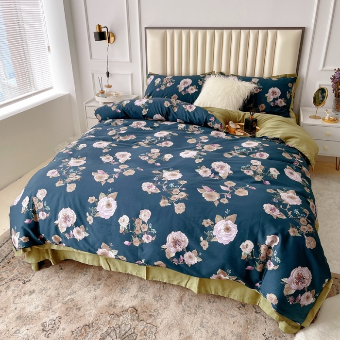 91家纺网 家纺一手货源 找家纺 蘭菲 新款60支贡缎长绒棉印花美式花卉四件套水韵江南深蓝