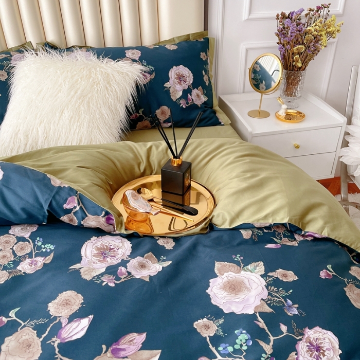 91家纺网 家纺一手货源 找家纺 蘭菲 新款60支贡缎长绒棉印花美式花卉四件套水韵江南深蓝