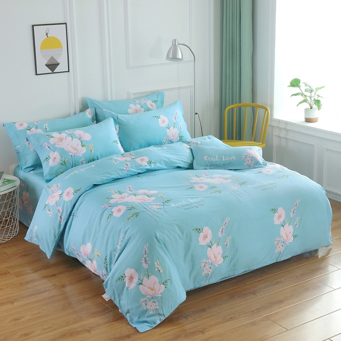 91家纺网 家纺一手货源 找家纺 雨萝家纺2022新款纯棉四件套全棉学生宿舍三件套花韵清香-蓝