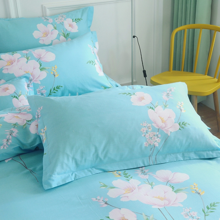 91家纺网 家纺一手货源 找家纺 雨萝家纺2022新款纯棉四件套全棉学生宿舍三件套花韵清香-蓝