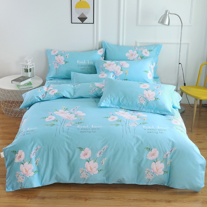 91家纺网 家纺一手货源 找家纺 雨萝家纺2022新款纯棉四件套全棉学生宿舍三件套花韵清香-蓝