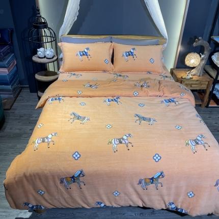 91家纺网 家纺一手货源 找家纺 玖玖爱家纺 2021新款牛奶绒印花款四件套 爱马仕橘