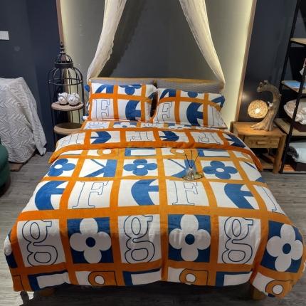 91家纺网 家纺一手货源 找家纺 玖玖爱家纺 2021新款牛奶绒印花款四件套 金色年华桔