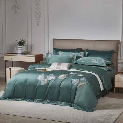 91家纺网 家纺一手货源 找家纺 玖玖爱家纺2021新款120支长绒棉全棉贡缎四件套 缘叶墨绿