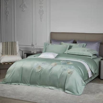 91家纺网 家纺一手货源 找家纺 玖玖爱家纺2021新款120支长绒棉全棉贡缎四件套 缘叶浅绿