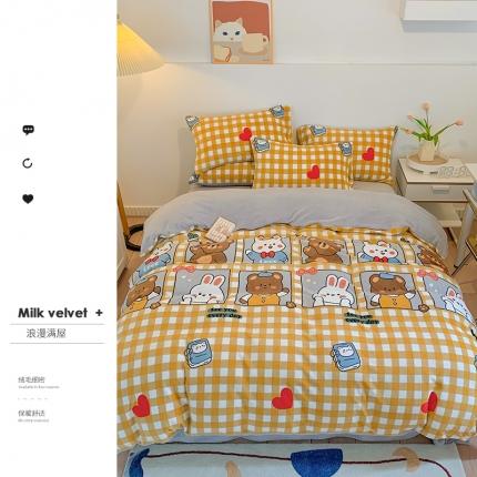 91家纺网 家纺一手货源 找家纺 （总）澳萝拉2021高克重卡通清新牛奶绒四件套水晶法莱绒