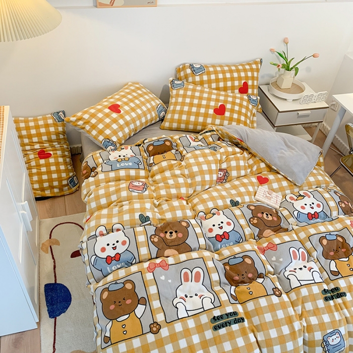 91家纺网 家纺一手货源 找家纺 澳萝拉2021高克重卡通清新牛奶绒四件套水晶法莱绒浪漫满屋