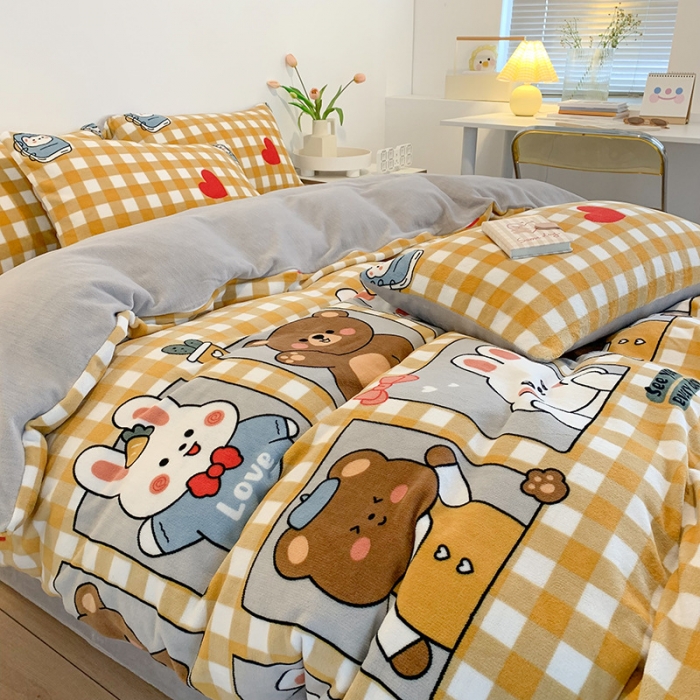 91家纺网 家纺一手货源 找家纺 澳萝拉2021高克重卡通清新牛奶绒四件套水晶法莱绒浪漫满屋