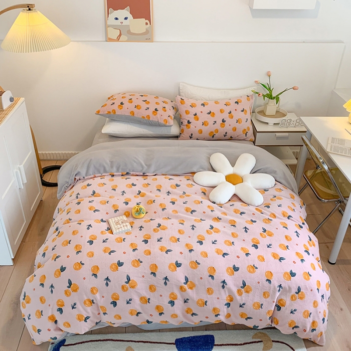 91家纺网 家纺一手货源 找家纺 澳萝拉2021高克重卡通清新牛奶绒四件套水晶法莱绒 开心橙