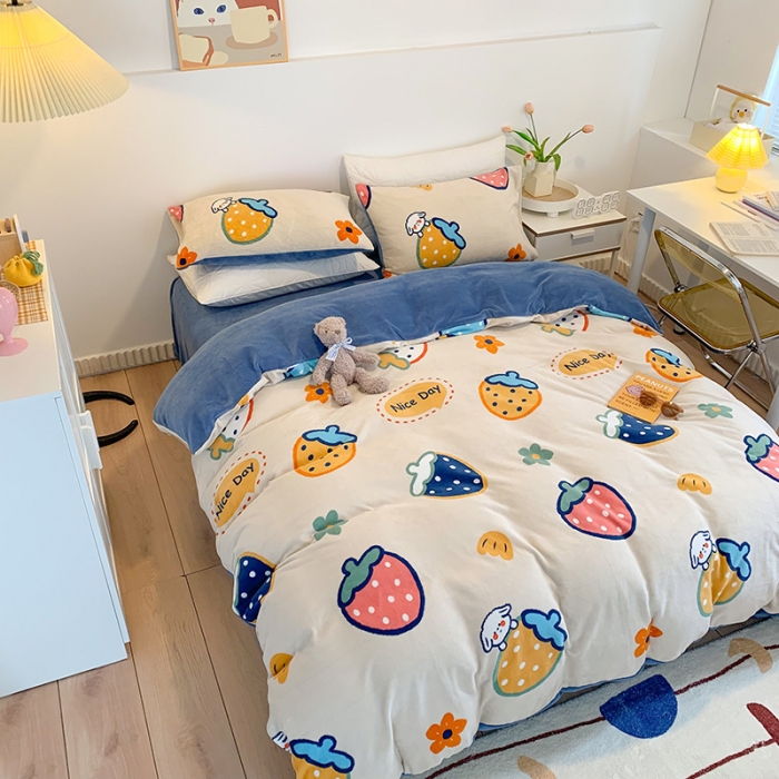 91家纺网 家纺一手货源 找家纺 澳萝拉2021高克重卡通清新牛奶绒四件套水晶法莱绒 彩莓派