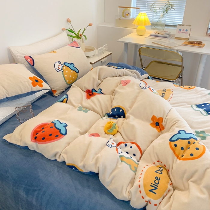 91家纺网 家纺一手货源 找家纺 澳萝拉2021高克重卡通清新牛奶绒四件套水晶法莱绒 彩莓派