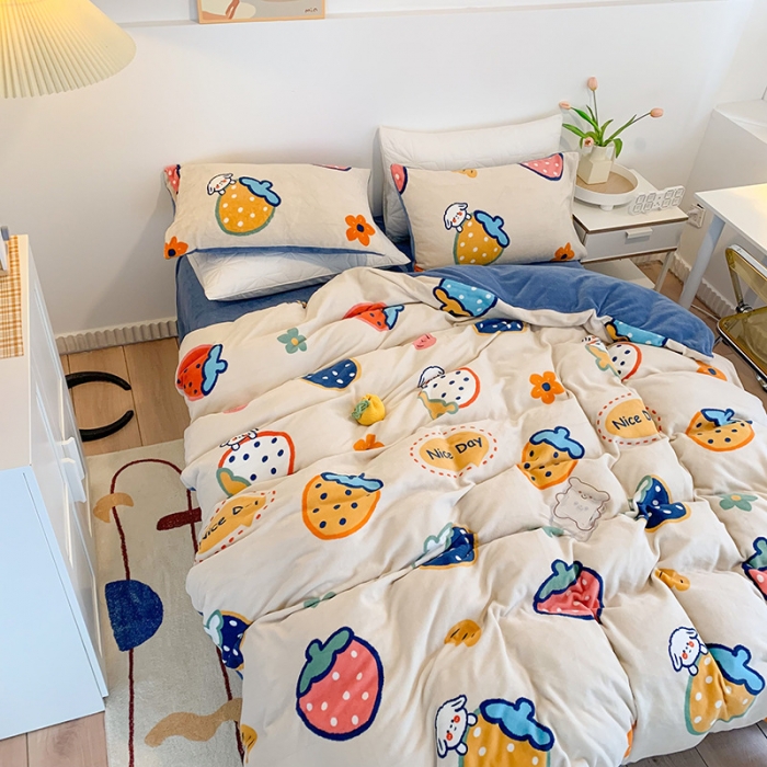 91家纺网 家纺一手货源 找家纺 澳萝拉2021高克重卡通清新牛奶绒四件套水晶法莱绒 彩莓派