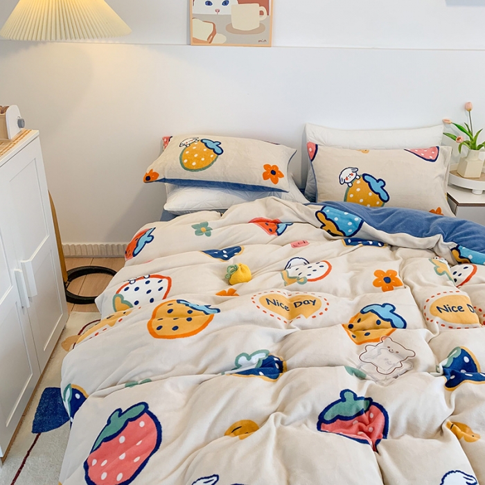 91家纺网 家纺一手货源 找家纺 澳萝拉2021高克重卡通清新牛奶绒四件套水晶法莱绒 彩莓派