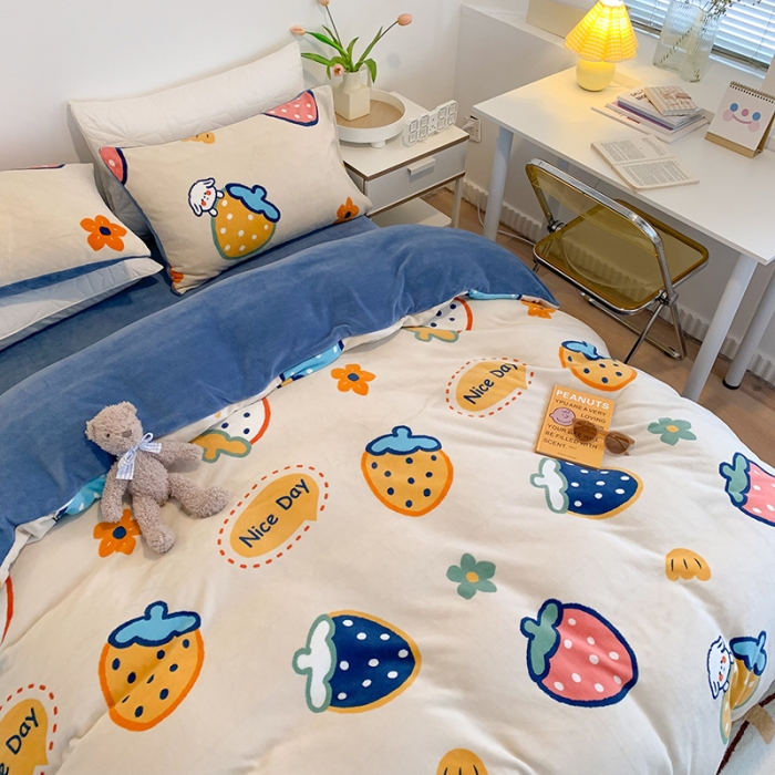 91家纺网 家纺一手货源 找家纺 澳萝拉2021高克重卡通清新牛奶绒四件套水晶法莱绒 彩莓派