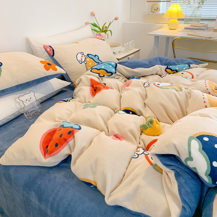 91家纺网 家纺一手货源 找家纺 澳萝拉2021高克重卡通清新牛奶绒四件套水晶法莱绒 彩莓派