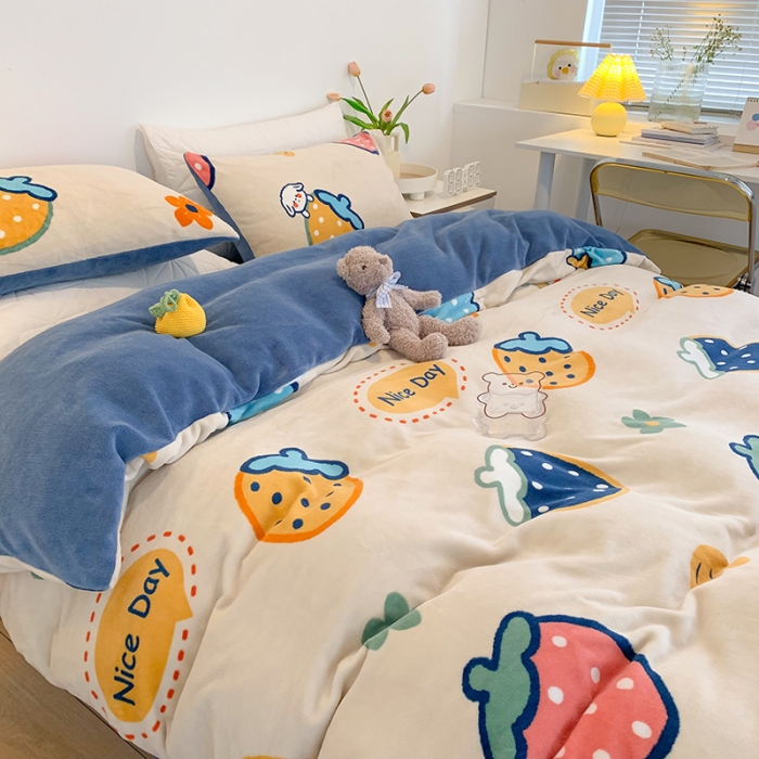 91家纺网 家纺一手货源 找家纺 澳萝拉2021高克重卡通清新牛奶绒四件套水晶法莱绒 彩莓派