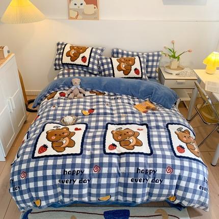 澳萝拉2021高克重卡通清新牛奶绒四件套水晶法莱绒 草莓熊