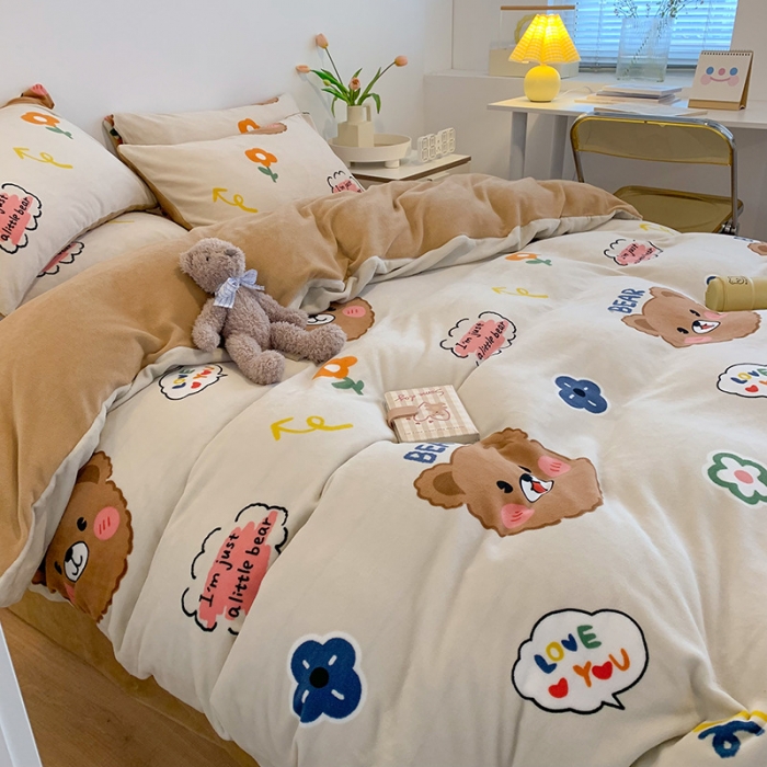 91家纺网 家纺一手货源 找家纺 澳萝拉2021高克重卡通清新牛奶绒四件套水晶法莱绒 奶油熊