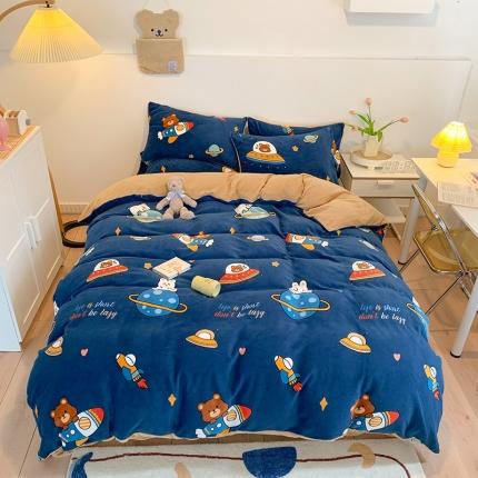 澳萝拉高克重卡通清新牛奶绒四件套水晶法莱绒星际幻想蓝