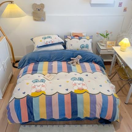 澳萝拉2021高克重卡通清新牛奶绒四件套水晶法莱绒 淘淘兔