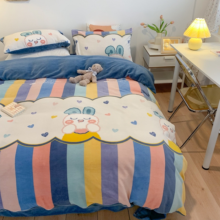 91家纺网 家纺一手货源 找家纺 澳萝拉2021高克重卡通清新牛奶绒四件套水晶法莱绒 淘淘兔