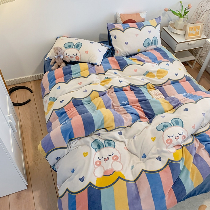 91家纺网 家纺一手货源 找家纺 澳萝拉2021高克重卡通清新牛奶绒四件套水晶法莱绒 淘淘兔