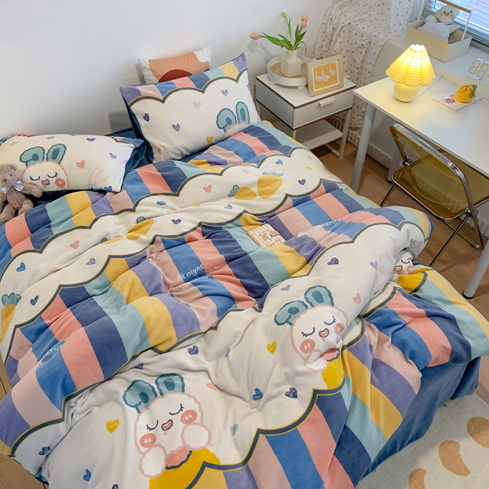 91家纺网 家纺一手货源 找家纺 澳萝拉2021高克重卡通清新牛奶绒四件套水晶法莱绒 淘淘兔