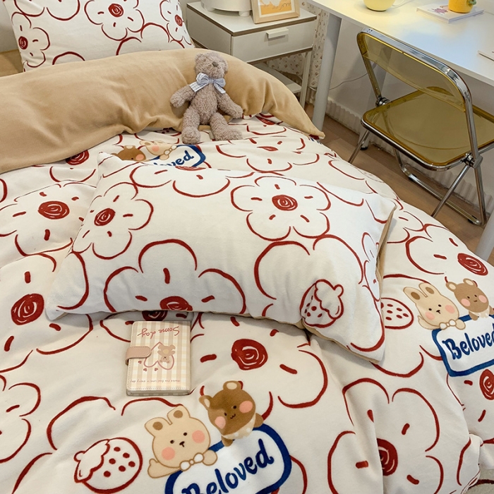 91家纺网 家纺一手货源 找家纺 澳萝拉2021高克重卡通清新牛奶绒四件套水晶法莱绒元气满满